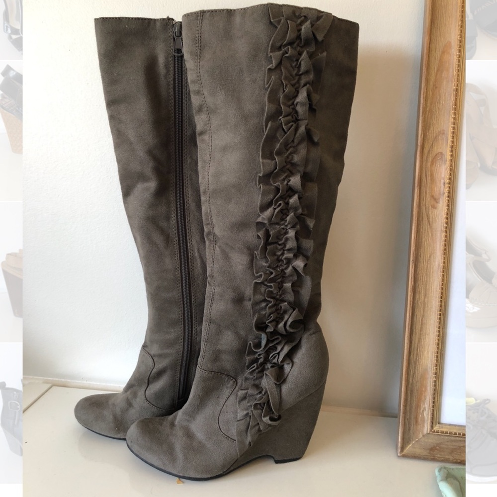 Elle Ruffle Gray tall boots wedge heel